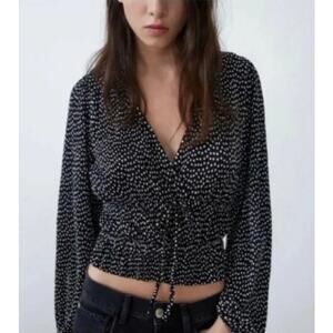 Zara Shirt Women's Small Black White Polka Dot Cropped Faux Wrap Office Siren